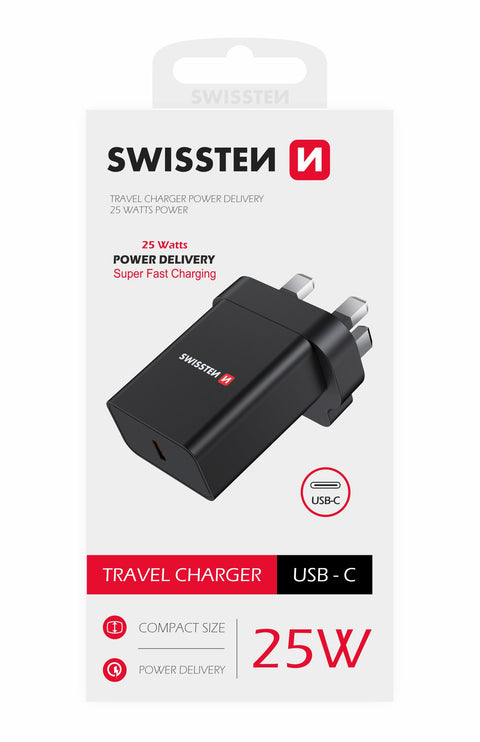 Swissten USB-C UK Travel Charger (25W) - 22045300 - Black