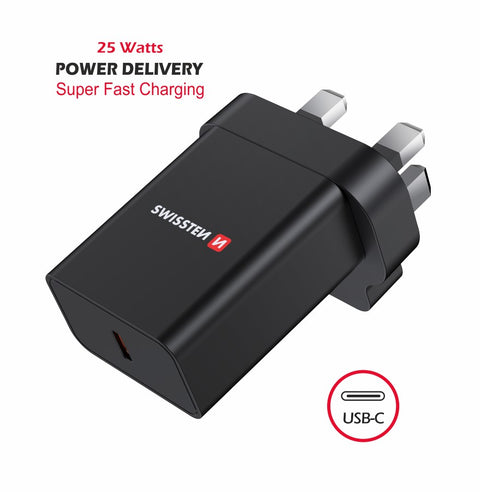 Swissten USB-C UK Travel Charger (25W) - 22045300 - Black