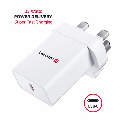 Swissten USB-C UK Travel Charger (25W) - 22045400 - White