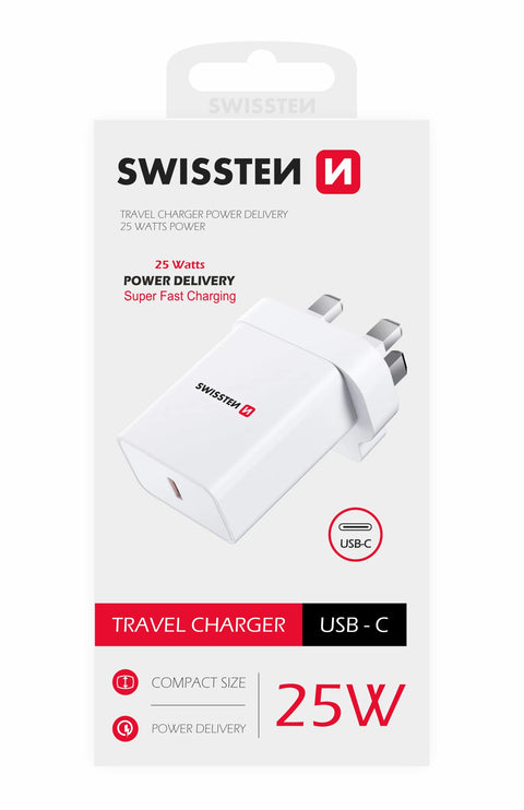 Swissten USB-C UK Travel Charger (25W) - 22045400 - White