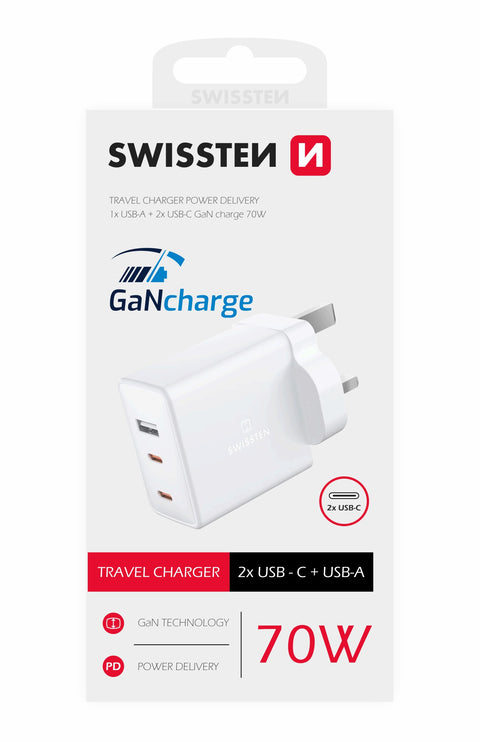 Swissten USB-C UK Travel Charger (70W) - 22045500 - White