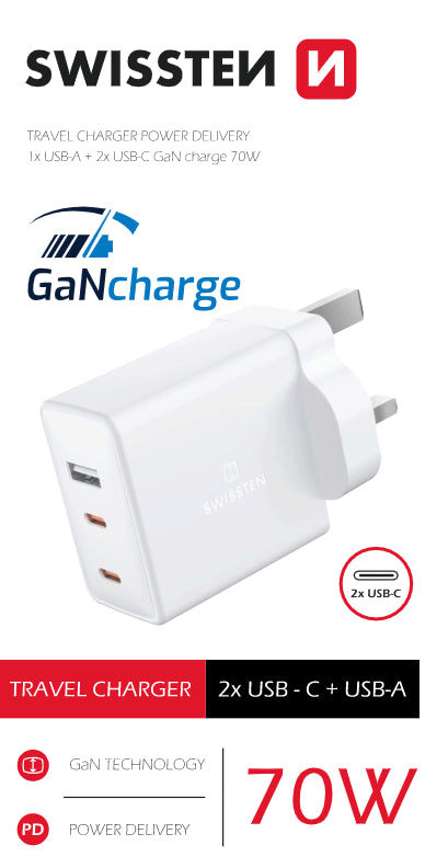 Swissten USB-C UK Travel Charger (70W) - 22045500 - White