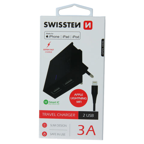 Swissten 3A Dual Travel Charger - 22046000 + MFI Lightning USB Cable - Black