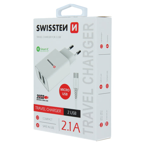 Swissten 2.1A Dual Port Travel Charger (10.5W) - 22051000 + Micro USB Cable - White