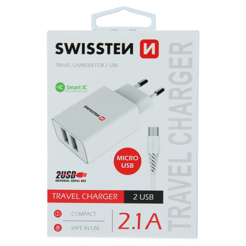 Swissten 2.1A Dual Port Travel Charger (10.5W) - 22051000 + Micro USB Cable - White