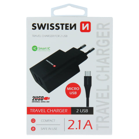 Swissten 2.1A Dual Port Travel Charger (10.5W) - 22052000 + Micro USB Cable - Black