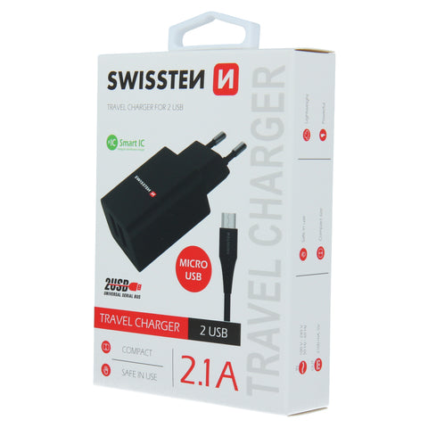 Swissten 2.1A Dual Port Travel Charger (10.5W) - 22052000 + Micro USB Cable - Black