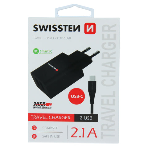 Swissten 2.1A Dual Port Travel Charger (10.5W) - 22054000 + Type-C USB Cable - Black