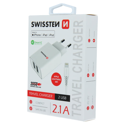 Swissten 2.1A Dual Port Travel Charger (10.5W) - 22055000 + MFI Lightning USB Cable - White