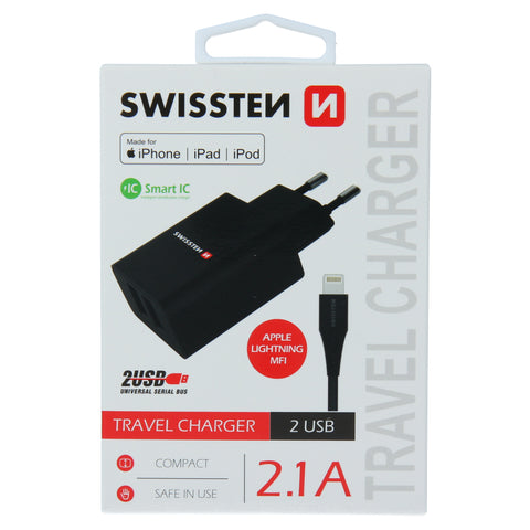 Swissten 2.1A Dual Port Travel Charger (10.5W) - 22056000 + MFI Lightning USB Cable - Black