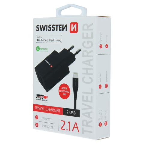 Swissten 2.1A Dual Port Travel Charger (10.5W) - 22056000 + MFI Lightning USB Cable - Black