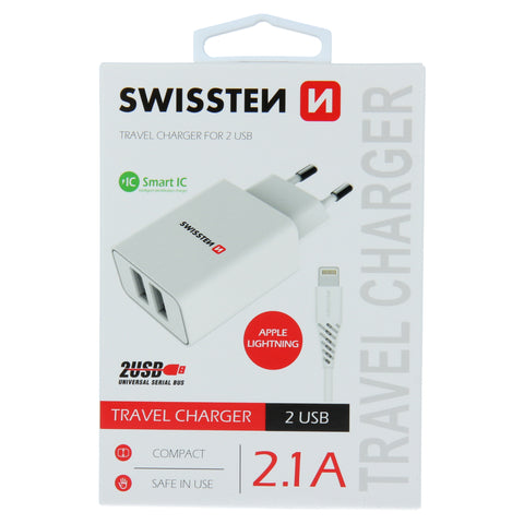 Swissten 2.1A Dual Port Travel Charger (10.5W) - 22057000 +  Lightning USB Cable - White