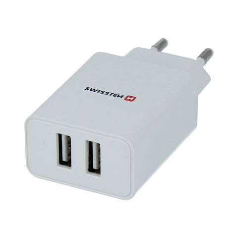 Swissten 2.1A Dual Port Travel Charger (10.5W) - 22057000 +  Lightning USB Cable - White