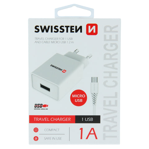 Swissten 1A Travel Charger - 22061000 + Micro USB Cable - White