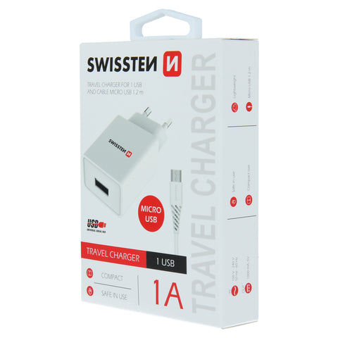 Swissten 1A Travel Charger - 22061000 + Micro USB Cable - White