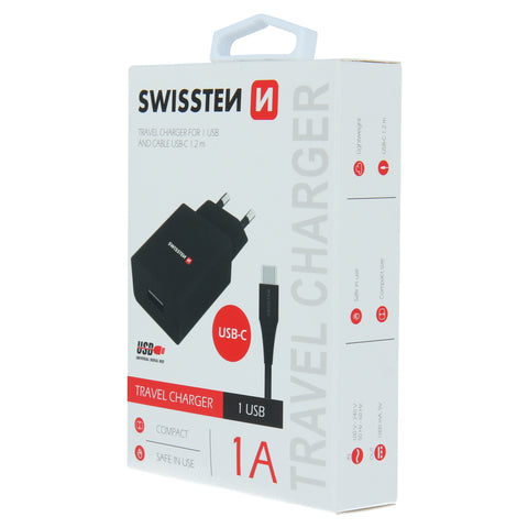 Swissten 1A Travel Charger - 22064000 + Type-C USB Cable - Black
