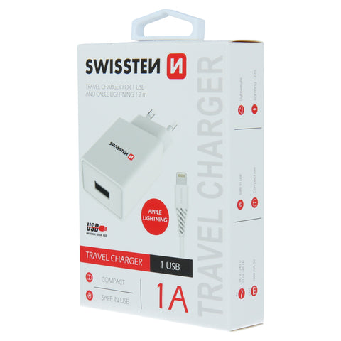 Swissten 1A Travel Charger - 22067000 +  Lightning USB Cable - White