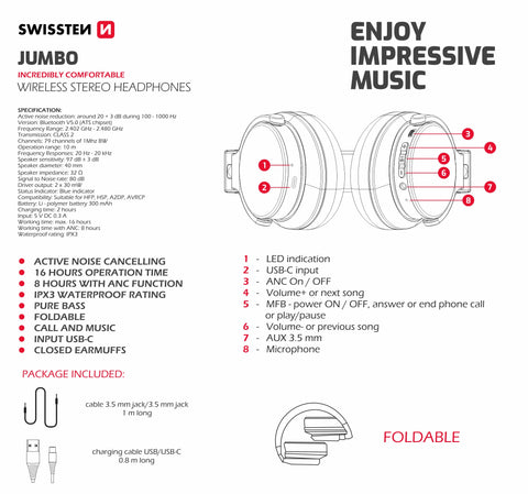 Swissten Jumbo Stereo Headphones - 52510700 - With Active Noise Cancelling - Black