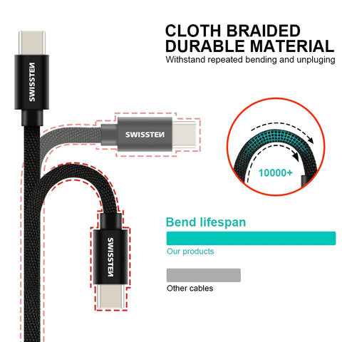 Swissten Textile Type-C USB Cable - 71527202 - 1.2m - Grey