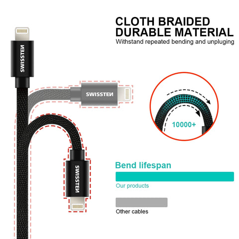 Swissten Textile Type-C To Lightning Cable - 71529201 - 2m - Black