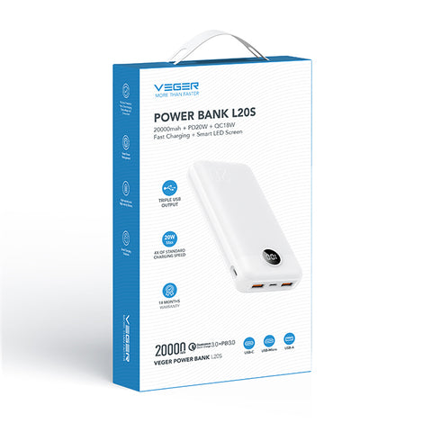 Veger (L20) - VP2039PD - Fast Charging Powerbank Digital 3-Port - 20.000mAh - White