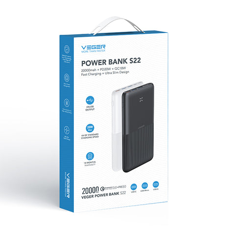 Veger (S22) Fast Charging Slim-Mini Powerbank - 20.000mAh - White