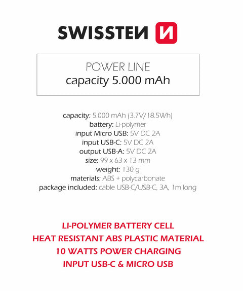 Swissten PowerLine Powerbank (10W) - 22013910 - 5000 mAh - Black