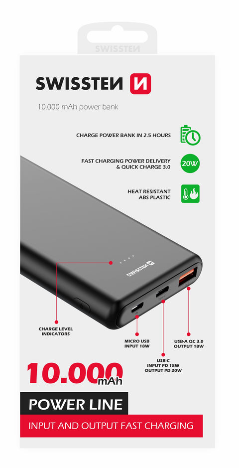 Swissten PowerLine Powerbank (20W) - 22013912 - 10.000 mAh - Black