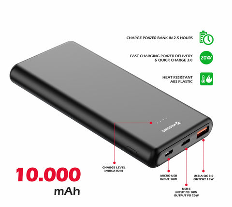 Swissten PowerLine Powerbank (20W) - 22013912 - 10.000 mAh - Black