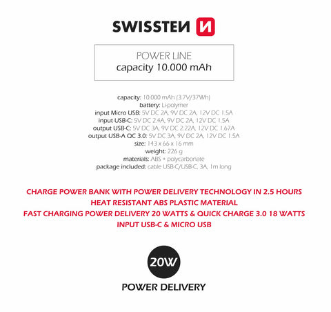 Swissten PowerLine Powerbank (20W) - 22013912 - 10.000 mAh - Black