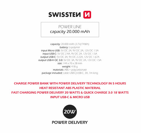 Swissten PowerLine Powerbank (20W) - 22013913 - 20.000 mAh - Black
