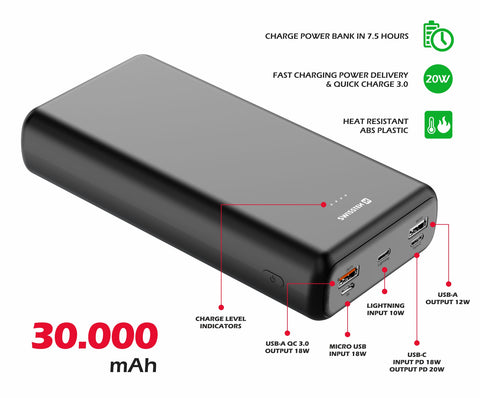 Swissten PowerLine Powerbank (20W) - 22013914 - 30.000 mAh - Black