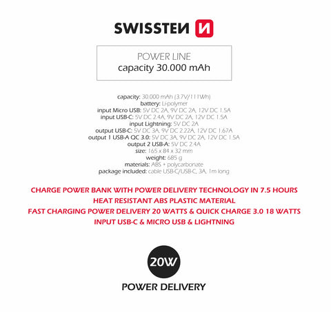 Swissten PowerLine Powerbank (20W) - 22013914 - 30.000 mAh - Black