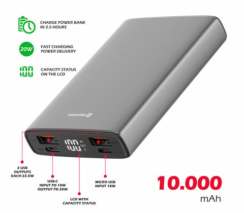 Swissten Aluminum PowerBank (20W) - 22013915 - 10.000 mAh - Grey