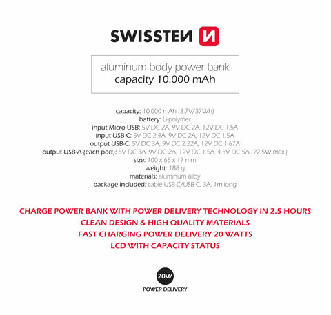 Swissten Aluminum PowerBank (20W) - 22013915 - 10.000 mAh - Grey