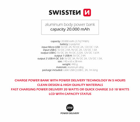 Swissten Aluminum PowerBank (20W) - 22013916 - 20.000 mAh - Grey
