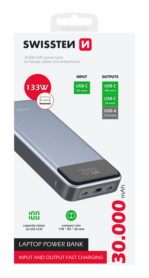 Swissten 30.000 Power Delivery Powerbank (133W)  - 22013917 - For Laptops - Grey