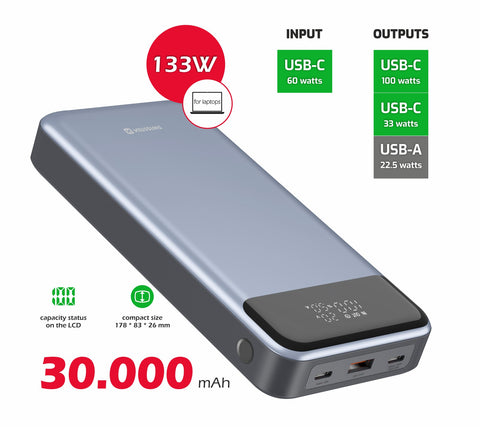 Swissten 30.000 Power Delivery Powerbank (133W)  - 22013917 - For Laptops - Grey