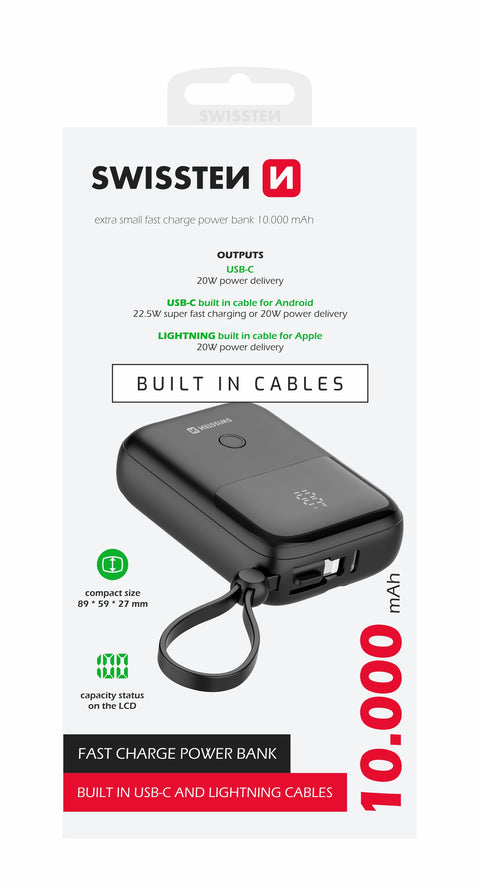 Swissten 10.000 mAh Powerbank (22.5W) - 22013931 - With Build-in Type-C And Lightning Cable - Black