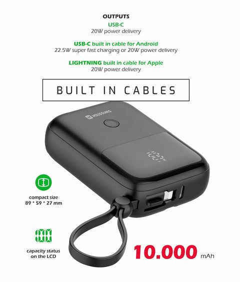 Swissten 10.000 mAh Powerbank (22.5W) - 22013931 - With Build-in Type-C And Lightning Cable - Black