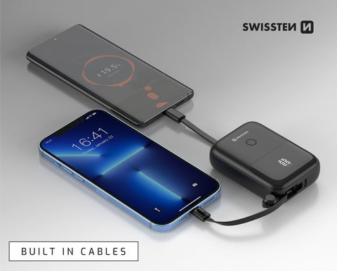 Swissten 10.000 mAh Powerbank (22.5W) - 22013931 - With Build-in Type-C And Lightning Cable - Black