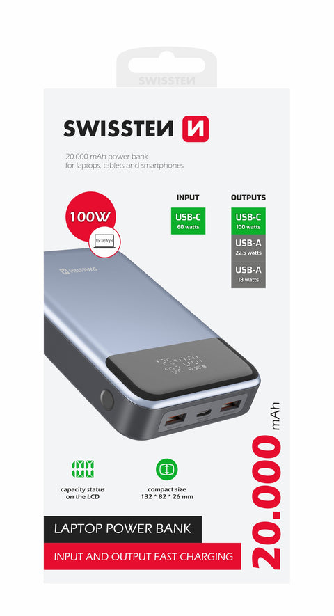 Swissten 20.000 Power Delivery Powerbank (100W) - 22013932 - For Laptops