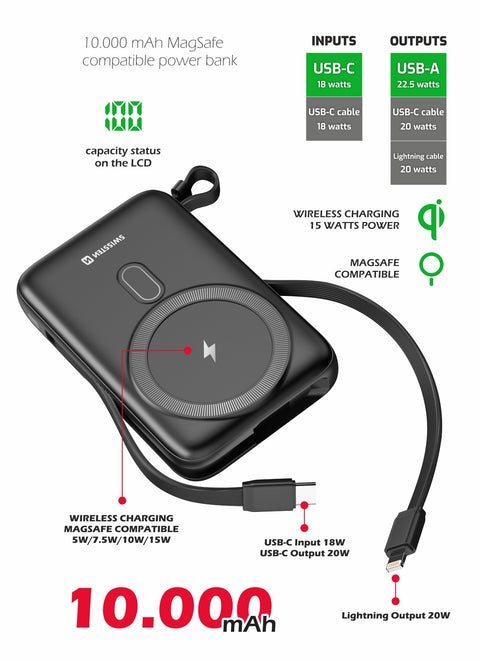 Swissten 20W MagSafe Powerbank With Built-in USB-C & Lightning Cables - 10.000 mAh - 22013933