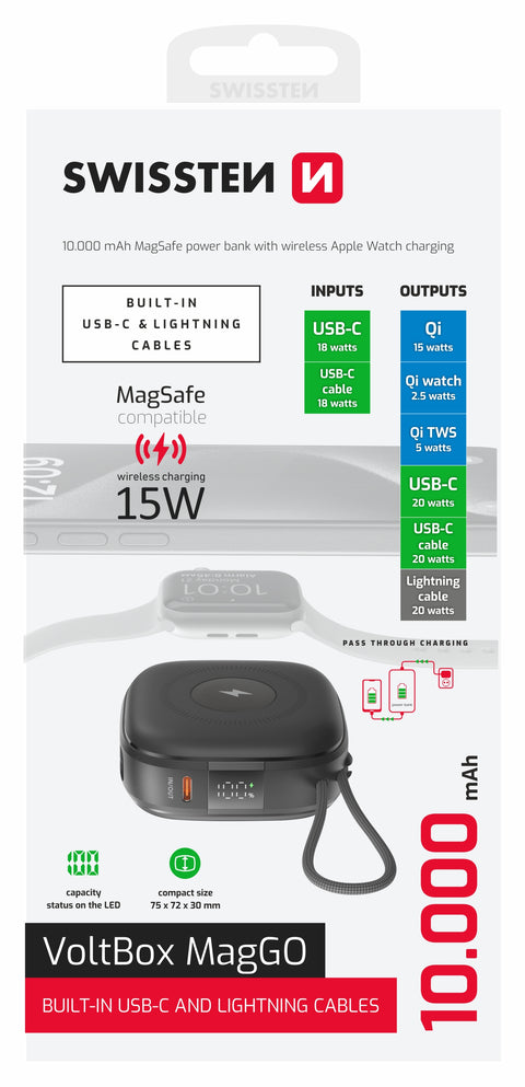 Swissten VoltBox MagGo Powerbank - 22013935 - With Built-in USB-C And Lightning Cables With MagSafe - 10.000 mAh - Black