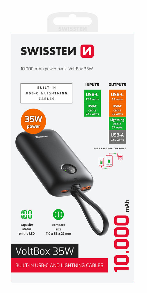 Swissten 35W VoltBox Powerbank - 22013936 - With Built-in USB-C And Lightning Cables - 10.000 mAh - Black