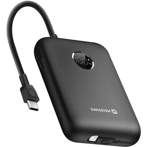 Swissten 35W VoltBox Powerbank - 22013937 - With Built-in USB-C And Lightning Cables - 20.000 mAh - Black