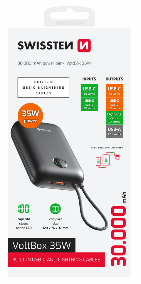 Swissten 35W VoltBox Powerbank - 22013938 - With Built-in USB-C And Lightning Cables - 30.000 mAh - Black