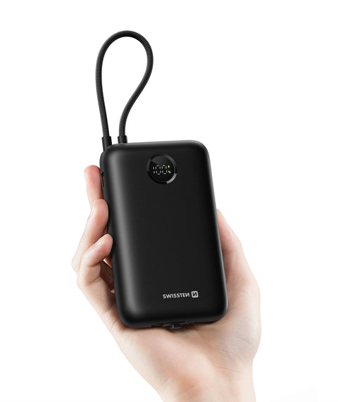 Swissten 35W VoltBox Powerbank - 22013938 - With Built-in USB-C And Lightning Cables - 30.000 mAh - Black
