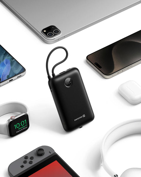 Swissten 35W VoltBox Powerbank - 22013938 - With Built-in USB-C And Lightning Cables - 30.000 mAh - Black