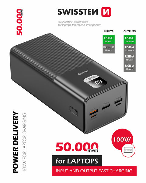 Swissten PowerLine Powerbank (100W) - 22013942 - 50.000 mAh - Black